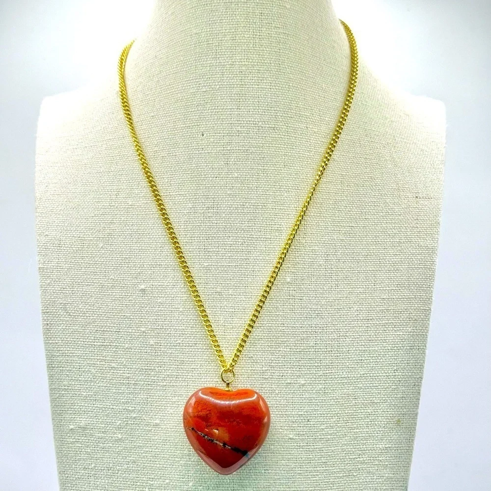 Red Jasper Heart Pendant Necklace Gold Plated Chain Adjustable Clasp Germany‎